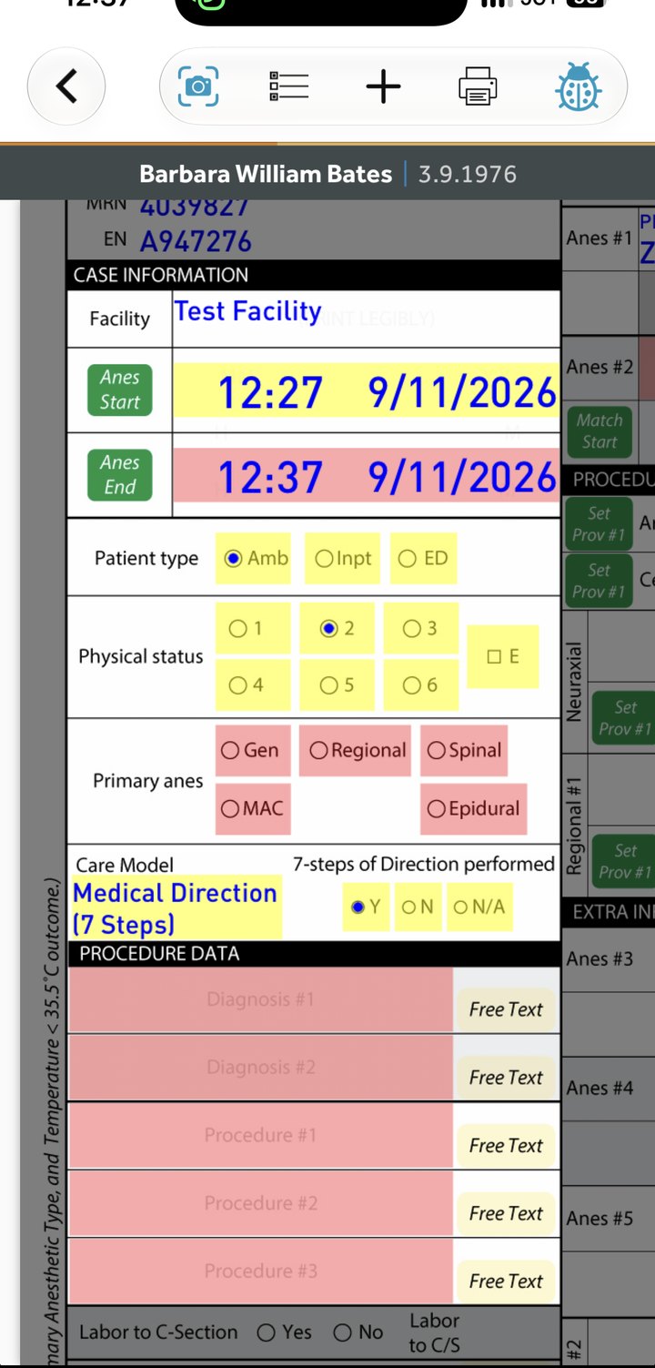 Charge Capture on iPhone: the case information block with a concurrency conflict flagged in red on the anesthesia end time, and required fields shown in red and yellow