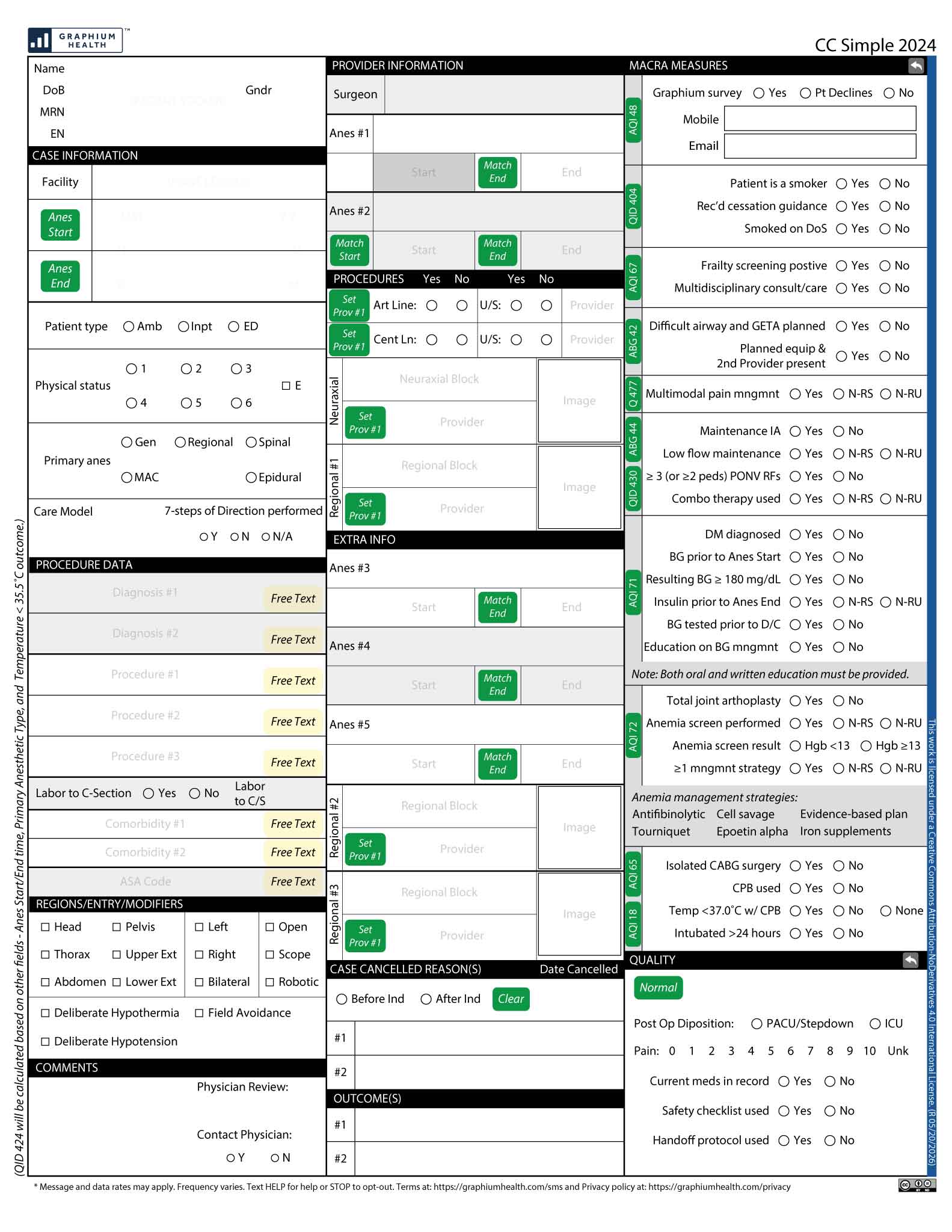 The Graphium Charge Capture Simple claim ticket form: case times, providers, procedures, MACRA measures, and quality fields on a single familiar page