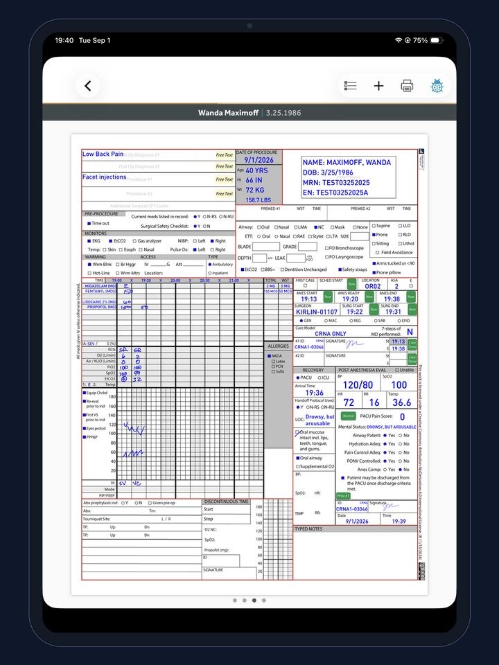 A completed anesthesia record in AnesthesiaEMR on an iPad