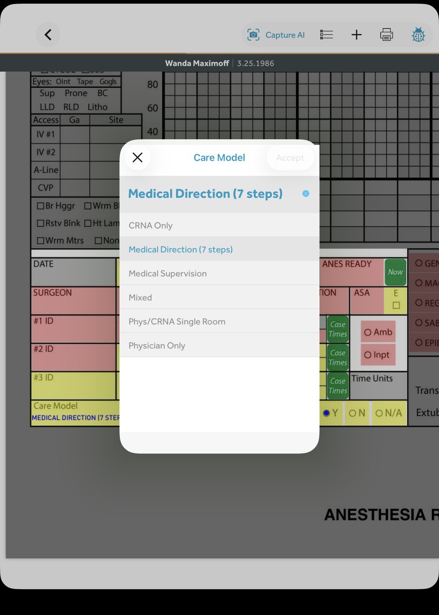 AnesthesiaEMR on iPad: the Care Model picker offering CRNA Only, Medical Direction (7 steps), Medical Supervision, Mixed, Physician/CRNA Single Room, and Physician Only