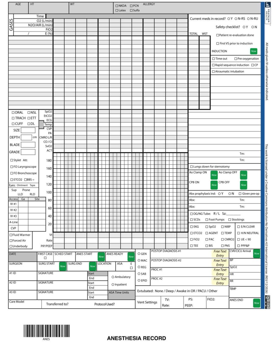Preview of the Graphium Cardiac anesthesia record: intraoperative page with vitals grid