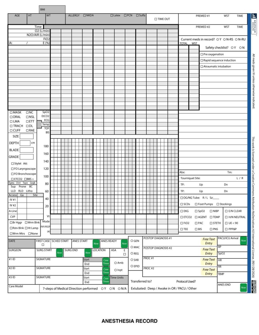 Preview of the Graphium General anesthesia record: intraoperative page with vitals grid