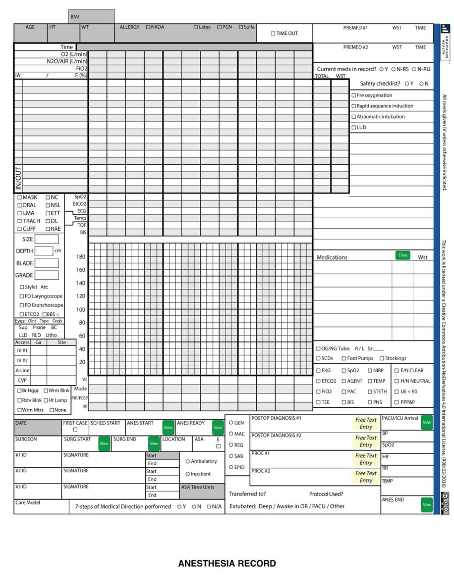 Preview of the Graphium OB C-Section anesthesia record: intraoperative page with vitals grid