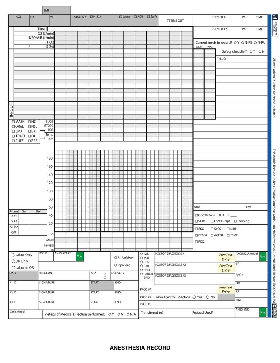 Preview of the Graphium OB Labor anesthesia record: intraoperative page with vitals grid