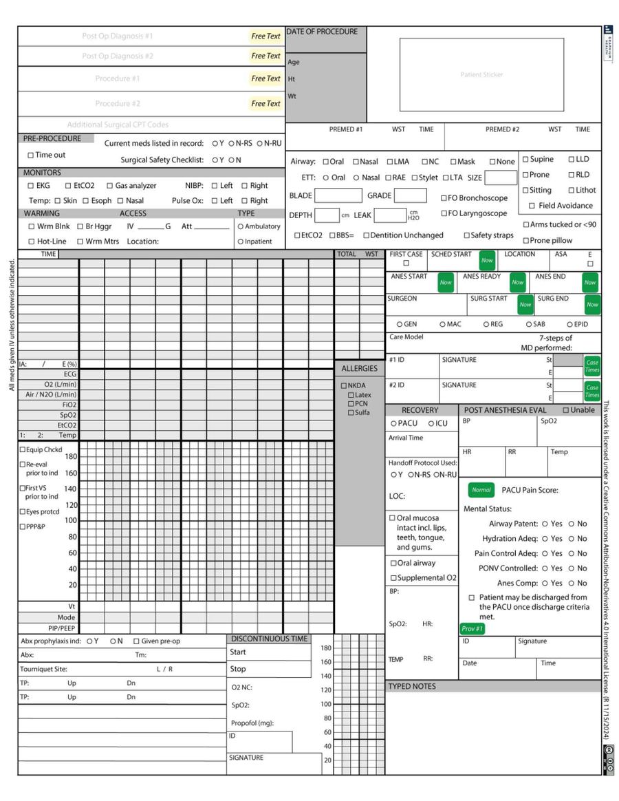 Preview of the Graphium Short anesthesia record: intraoperative page with vitals grid
