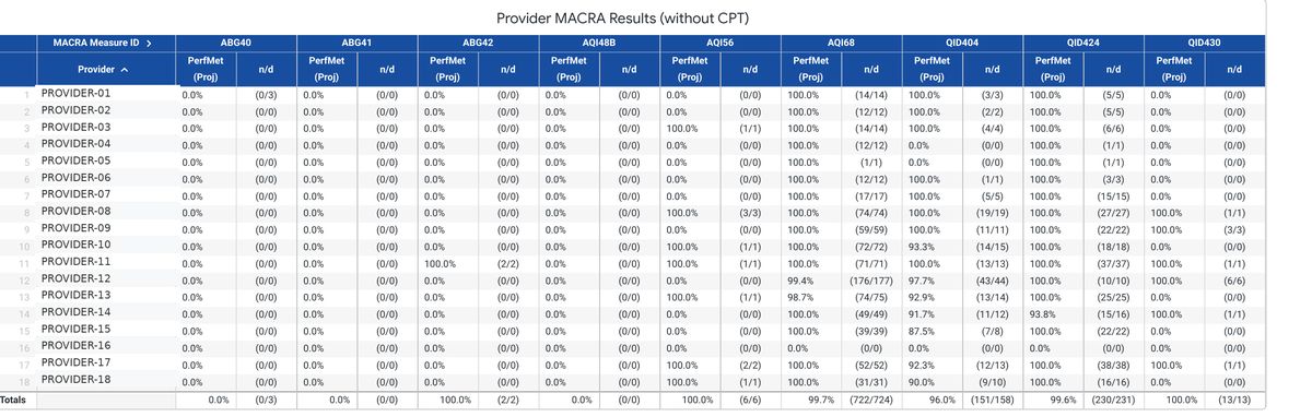 Provider-level quality measure results table showing per-provider performance met percentage and numerator over denominator for each measure, with provider names replaced by sequential labels