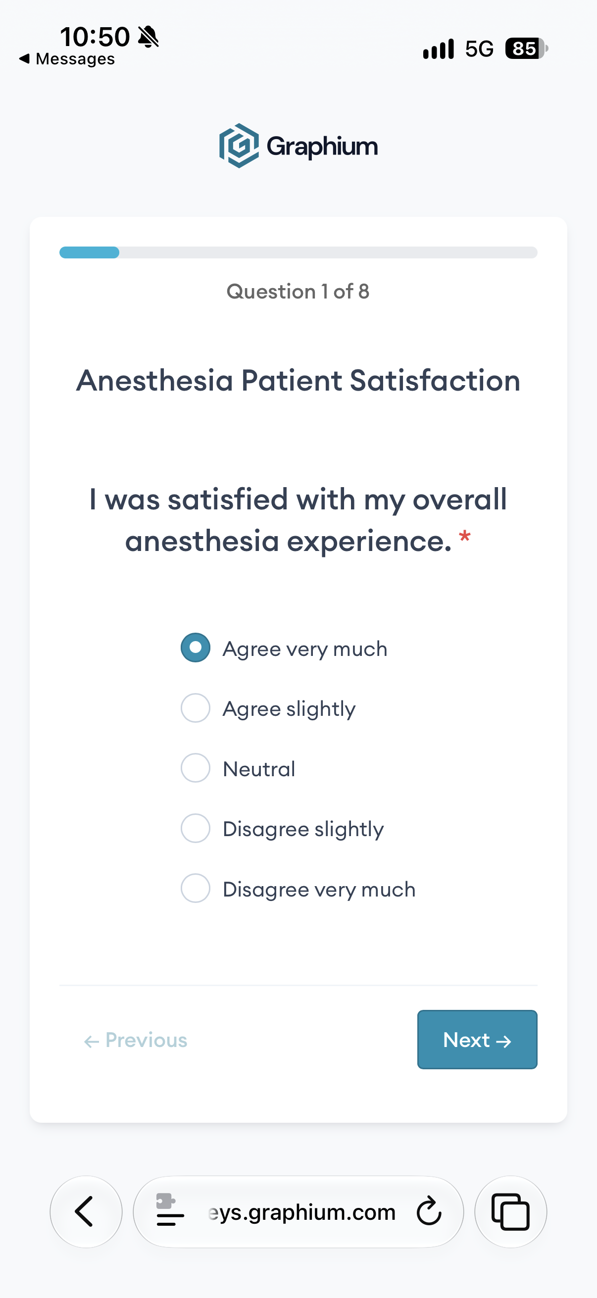 Survey question 1 of 8: Overall anesthesia experience