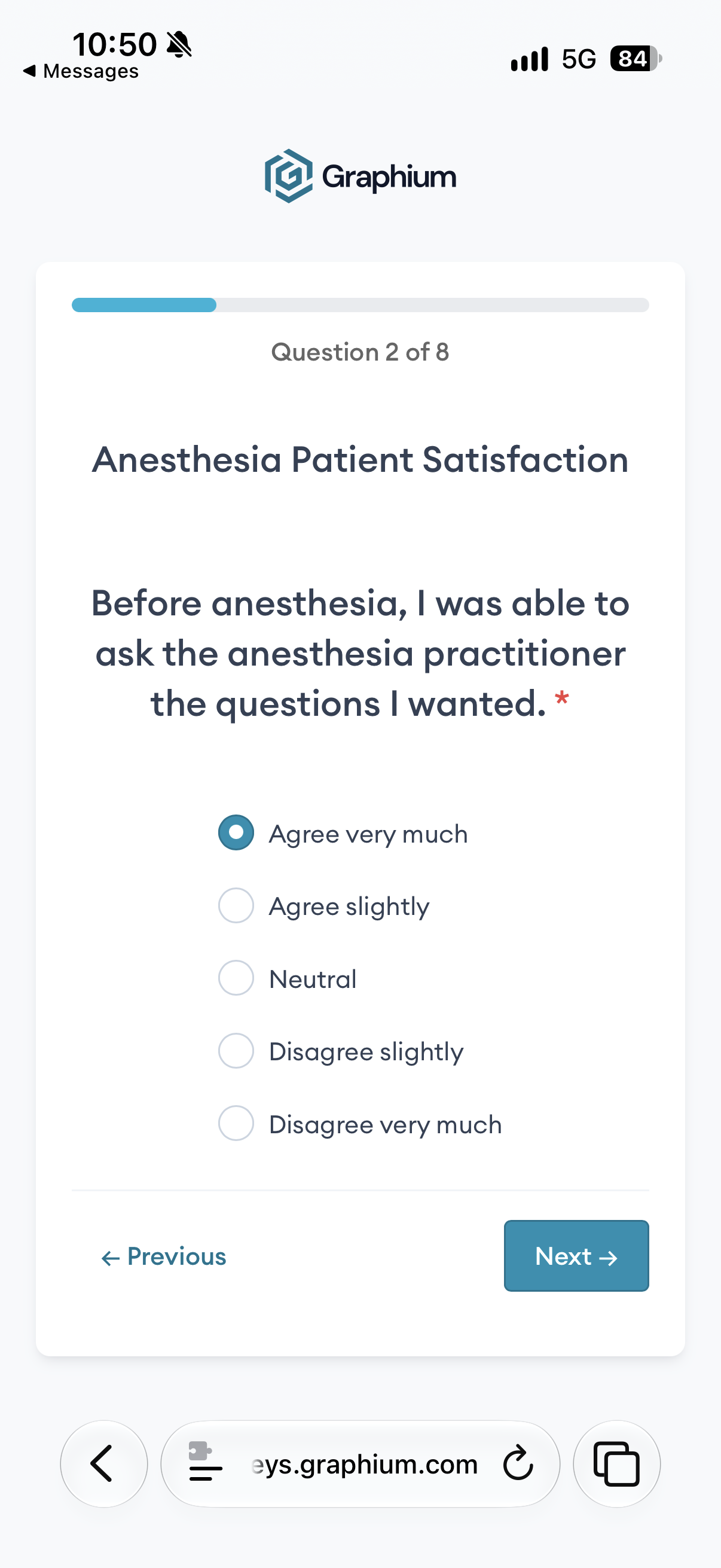 Survey question 2 of 8: Opportunity to ask the anesthesia practitioner questions