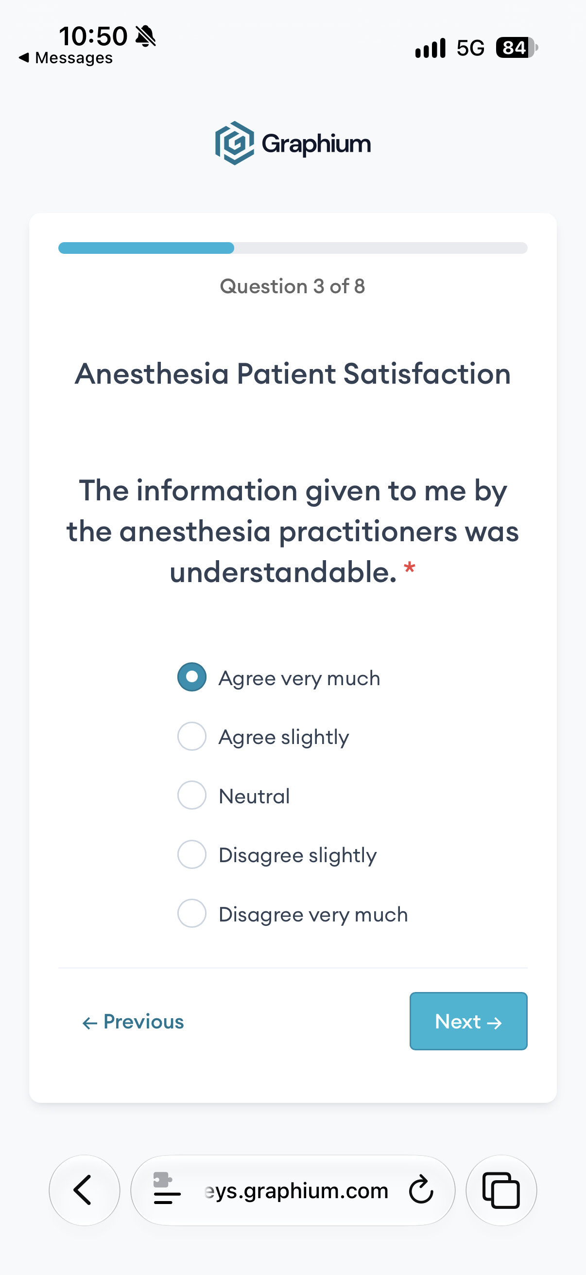 Survey question 3 of 8: Clarity of information from anesthesia practitioners