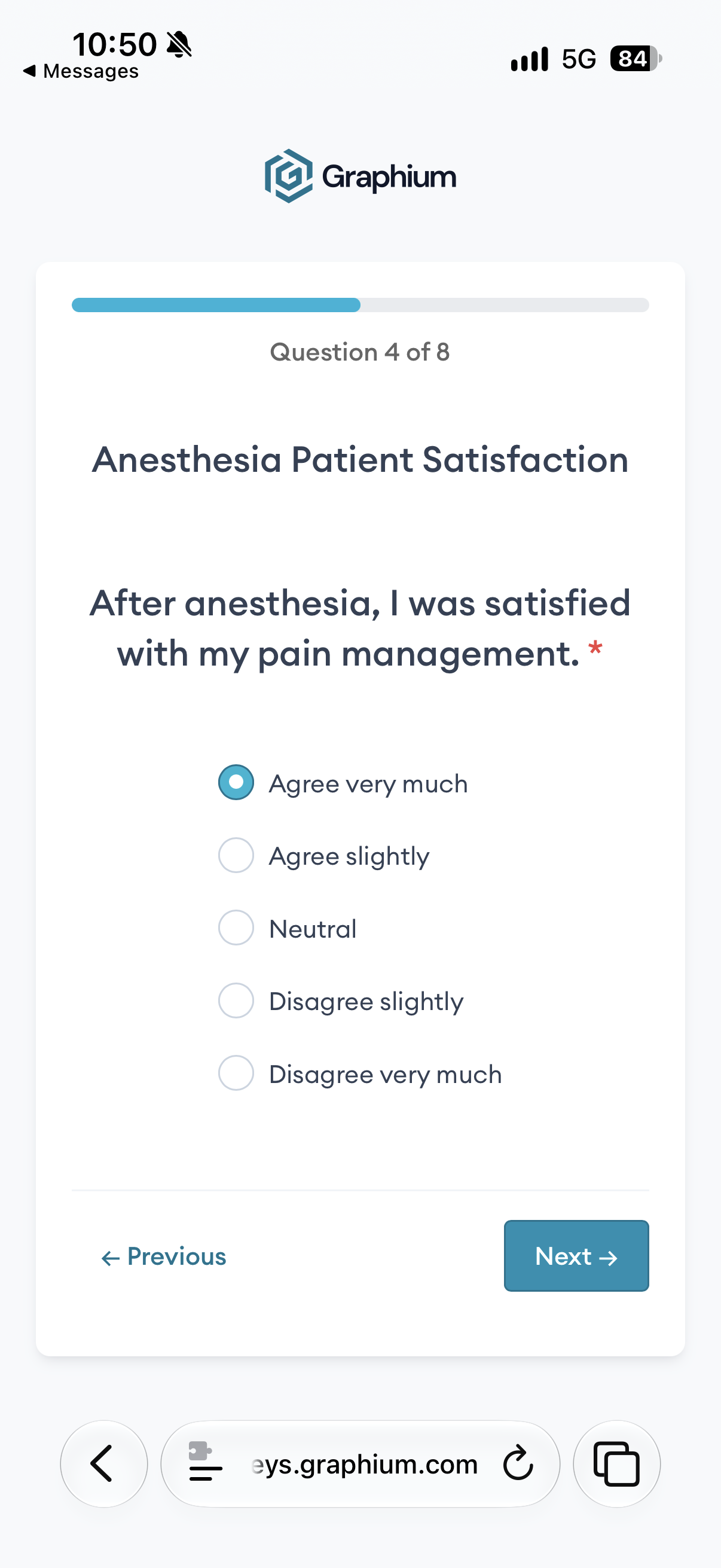 Survey question 4 of 8: Pain management after anesthesia