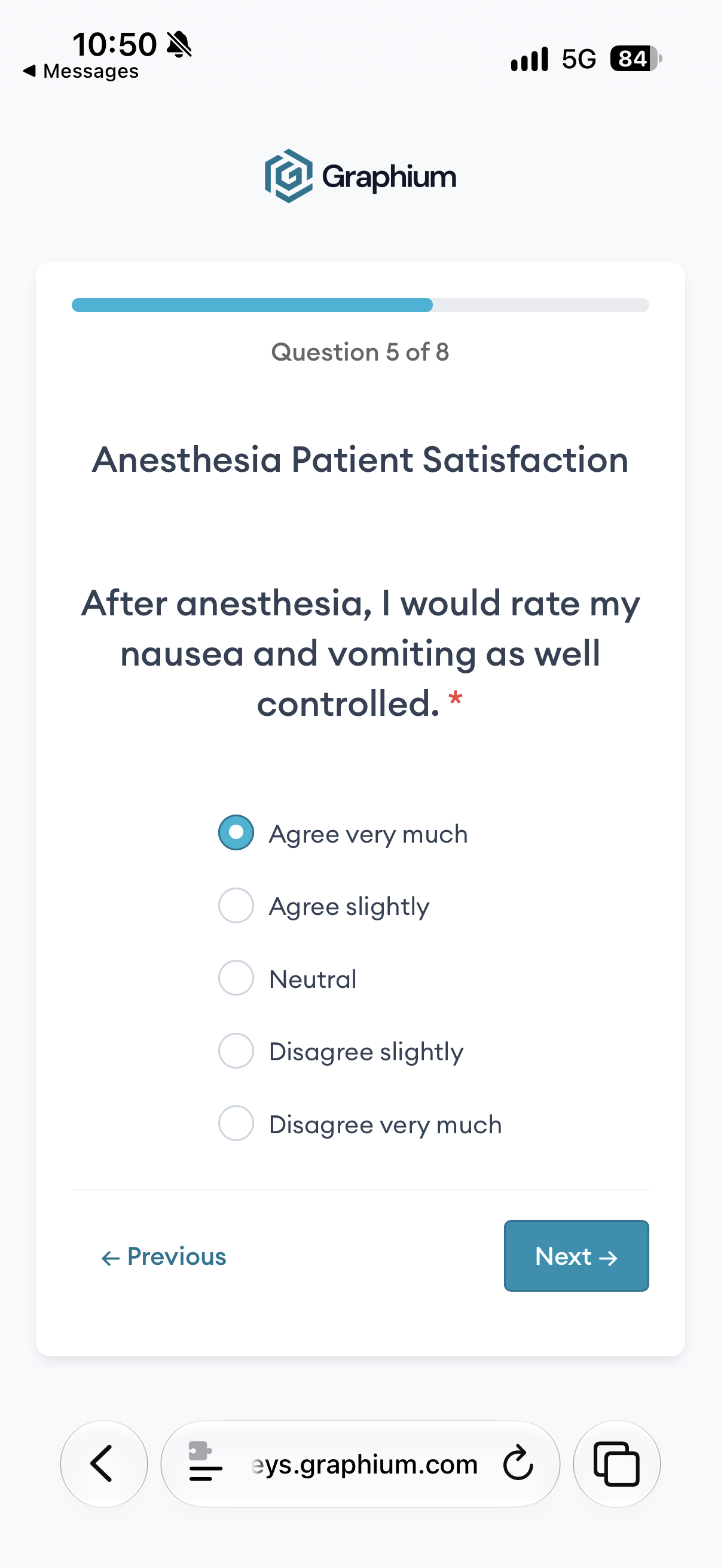 Survey question 5 of 8: Control of nausea and vomiting
