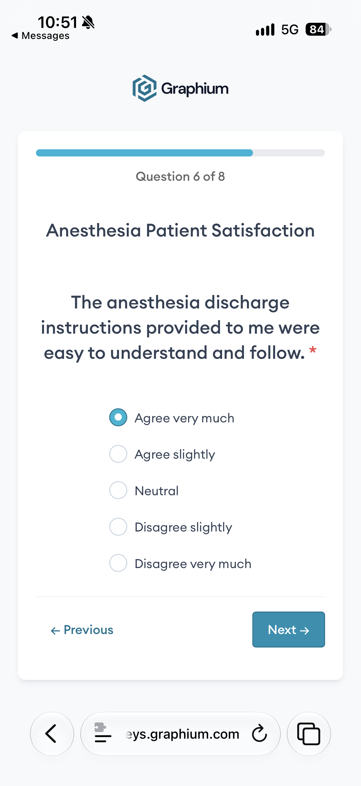 Survey question 6 of 8: Clarity of anesthesia discharge instructions