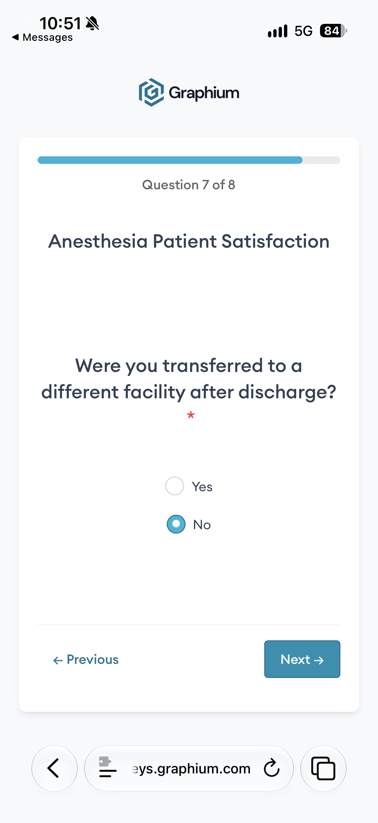 Survey question 7 of 8: Transfer to another facility after discharge