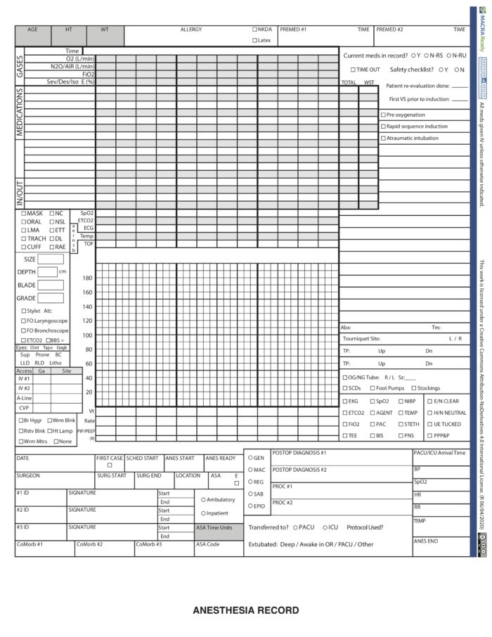 Veterinary Anesthesia Record Form Template